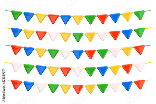 Garland of colorful triangular flags. Set of party flags from different color combinations. Realistic 3d festive decor in plastic cartoon style. Isolated on white background. 3D Vector illustration