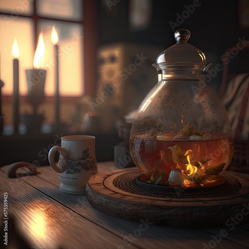 Traditional teapot with hot infussion inside it, cozy atmosphere, Ai Generative photo