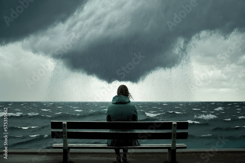 Fotografie, Obraz A sad woman sits on a bench and looks at the storm, concept of Loneliness and De