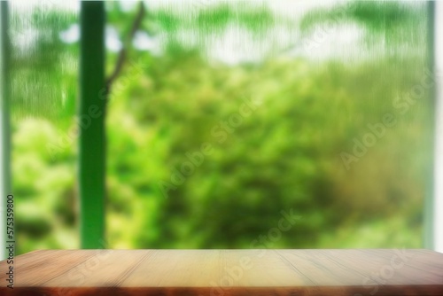 Abstract green color from a garden and a morning metropolitan view on a wooden tabletop on a blurred window. To hold wares in store windows. Generative AI