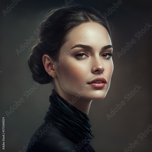 A portrait of an attractive elegance young brunette woman in black dress on a dark gray background. Created with Generative AI, no one recognisable. Not a real person.
