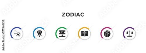 zodiac filled icons with infographic template. glyph icons such as lethargy, devotion, standard of quality, knowledge, hope, justice vector.