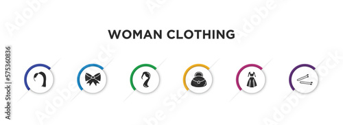woman clothing filled icons with infographic template. glyph icons such as hair wig with side, bow black, female long black hair, hobo shoulder bag, vintage dress, hair clip tool vector.