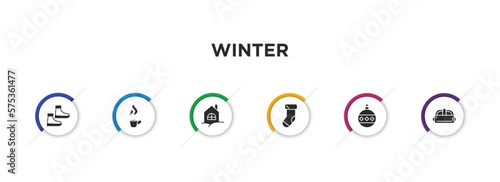 winter filled icons with infographic template. glyph icons such as snowshoes, hot tea, chalet, christmas sock, bauble, goggles vector.