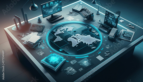 Futuristischer Cyber-Schreibtisch mit virtuellen und physischen Objekten und Hologrammen