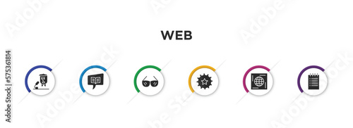 web filled icons with infographic template. glyph icons such as newscaster, book and speech bubble, circular glasses, favorite up, world wide web on grid, create list button vector.