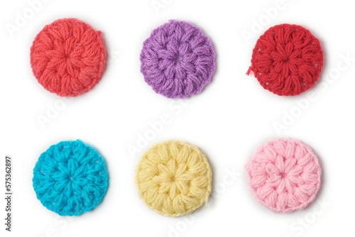 knitted wool fabric abstract, pattern of colorful woven yarn round shaped isolated on white background, knitting and crafting concept, collection