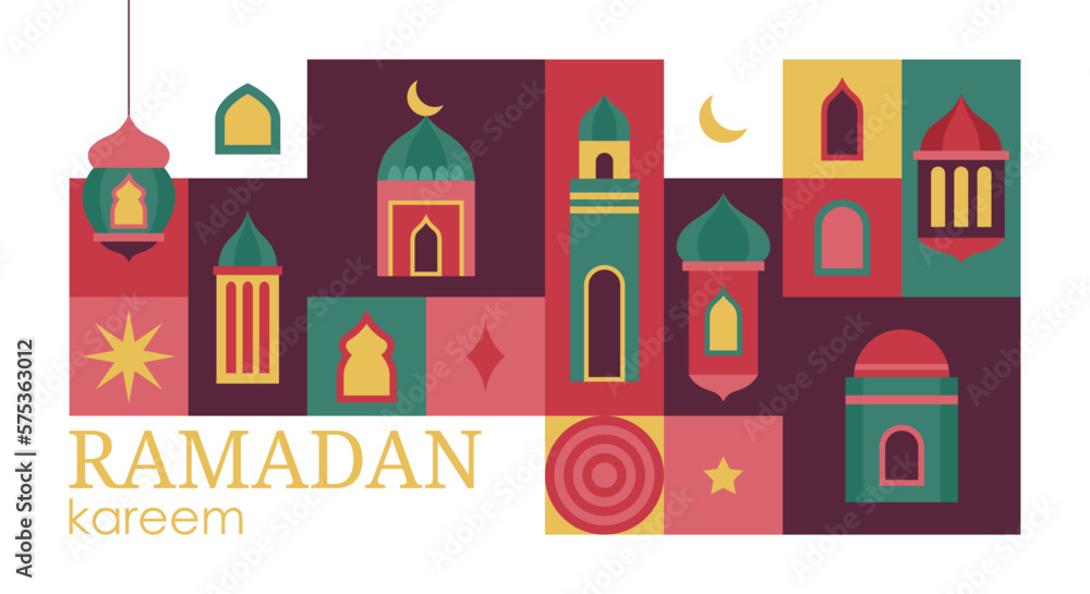 Islamic Ramadan Kareem holiday banner design with minimalistic icons of Mosque, dome and lantern. Vector illustration