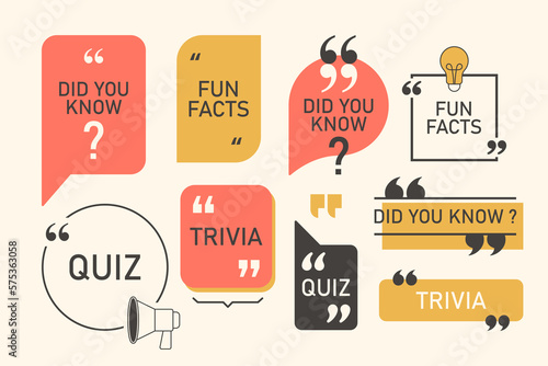 Quote box and speech bubble templates set with trivia, quiz and fun facts. Vector illustration