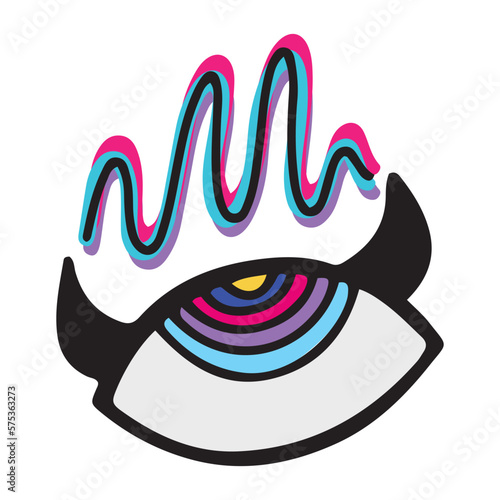 Hand drawn trippy hypnotizing eye with horns, surreal character cartoon design. Isolated vector illustration