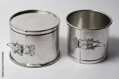 metal round forms for baking Easter for Easter in Ukraine, isolated on a white background.