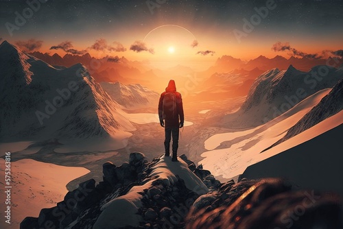 Climber on epic swiss mountains on his pathway to the summit, swiss alps panorama, sunrise, generative ai