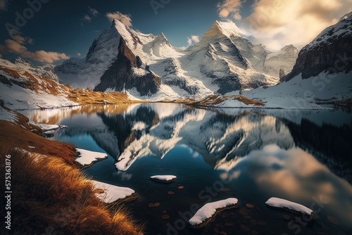 lake in the swiss alps, snow mountains, generative ai,