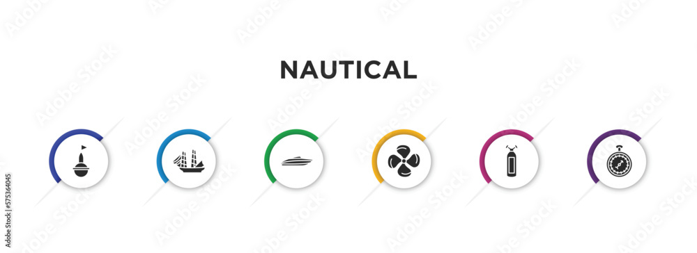 nautical filled icons with infographic template. glyph icons such as buoy, frigate, speed boat, propeller, oxygen tank, barometer vector. nautical filled icons with infographic template. glyph icons such as buoy, frigate, speed boat, propeller, oxygen tank, barometer vector.