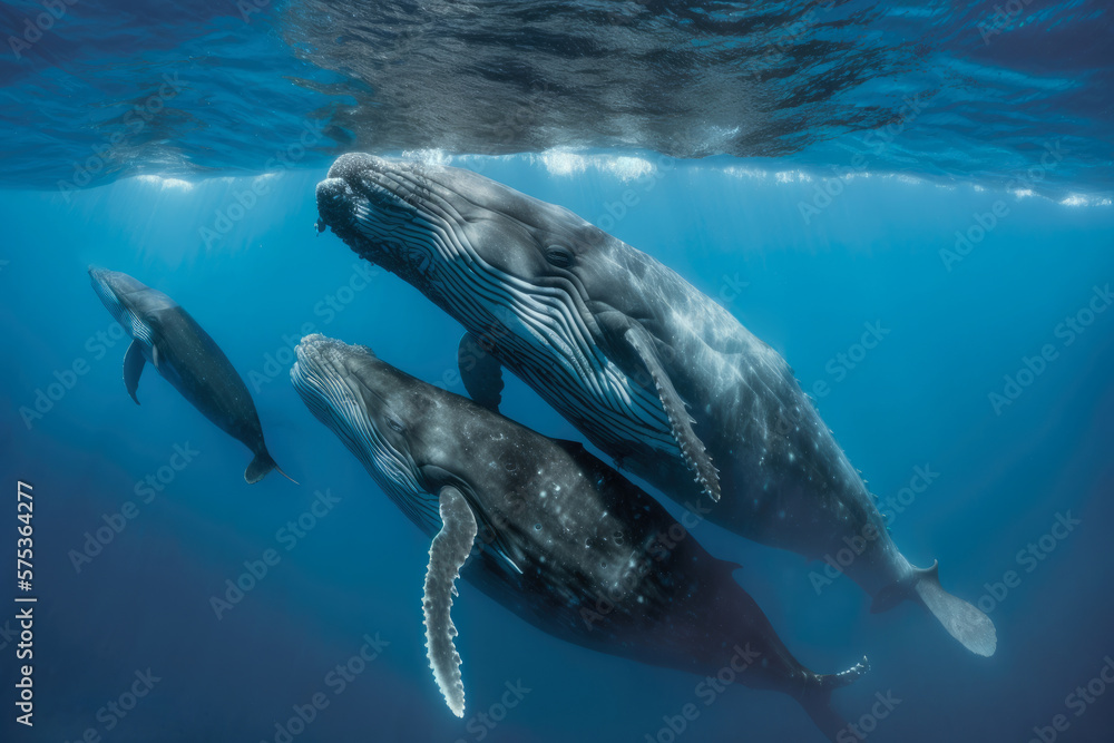 Fototapeta premium A family of humpback whales swimming in the ocean. Marine Wildlife in their Natural Habitat.