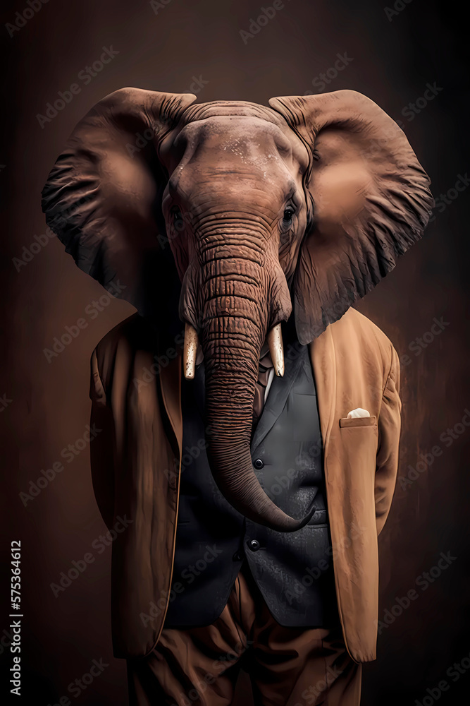 AI generated illustration of anthropomorphic elephant in elegant suit standing against brown background and looking at camera