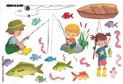 Illustration of a set of children fishing on a white background. Supplies set.