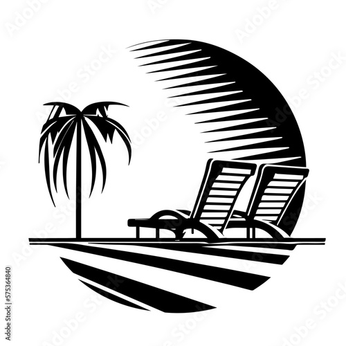 chaise longue on the beach with a palm tree logo vacation