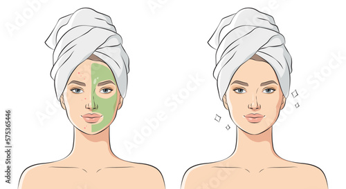 Woman with problem skin uses cosmetic mask, vector illustration