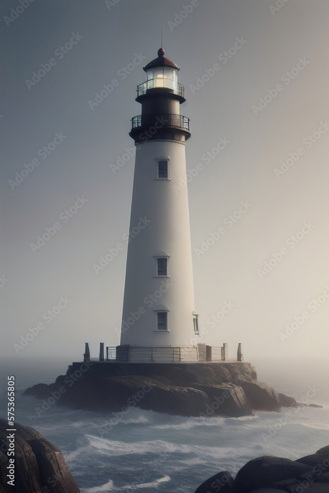 Vintage white lighthouse on the seashore surrounded by waves in cloudy weather