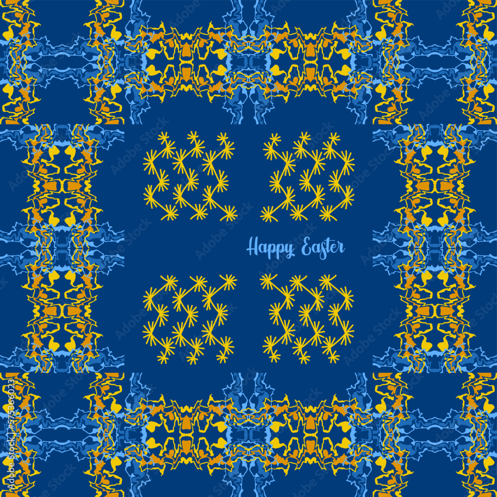 Abstract background of wavy embossed lines in blue and yellow tones. Intricate unusual kaleidoscope patterns. Openwork lace. Ethnic Ukrainian patterns for painting eggs