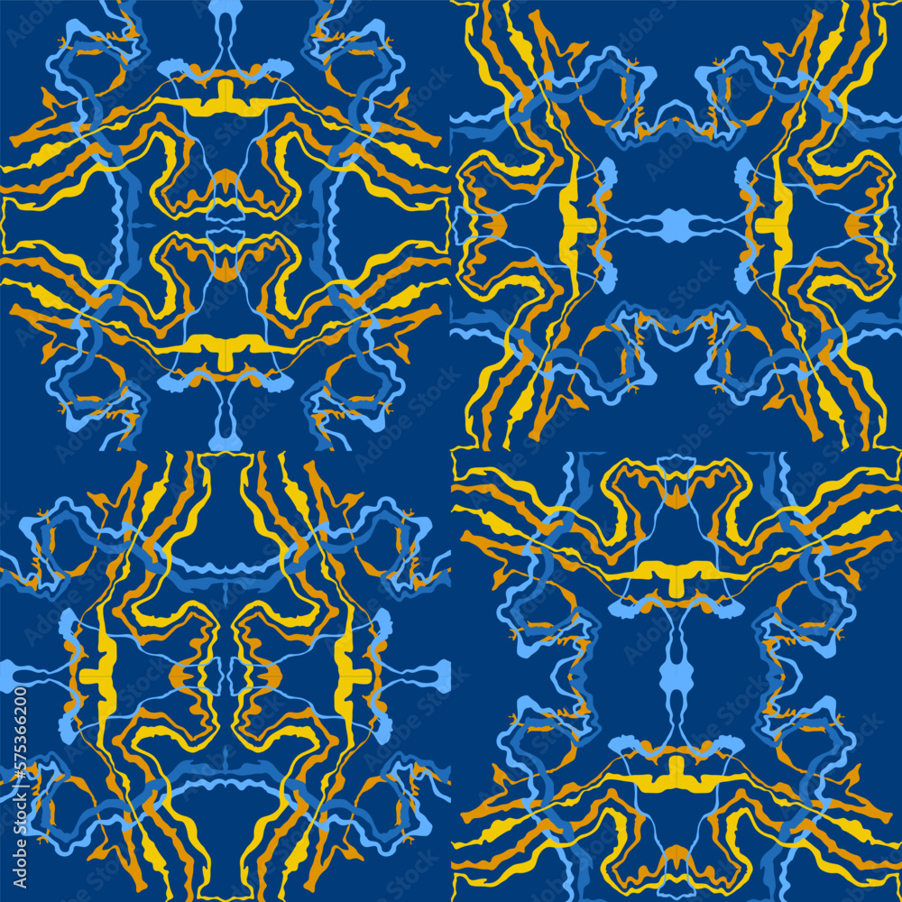 Abstract background of wavy embossed lines in blue and yellow tones. Intricate unusual kaleidoscope patterns. Openwork lace Abstract background of wavy embossed lines in blue and yellow tones. Intricate unusual kaleidoscope patterns. Openwork lace