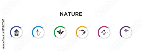 nature filled icons with infographic template. glyph icons such as indoor, ovate, sassafras leaf, fertilize clinic, season, ginkgo vector.
