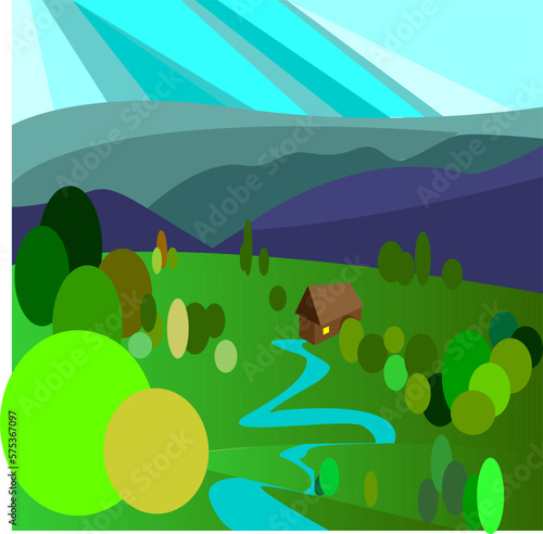 Forest Cartoon Background home in mountains