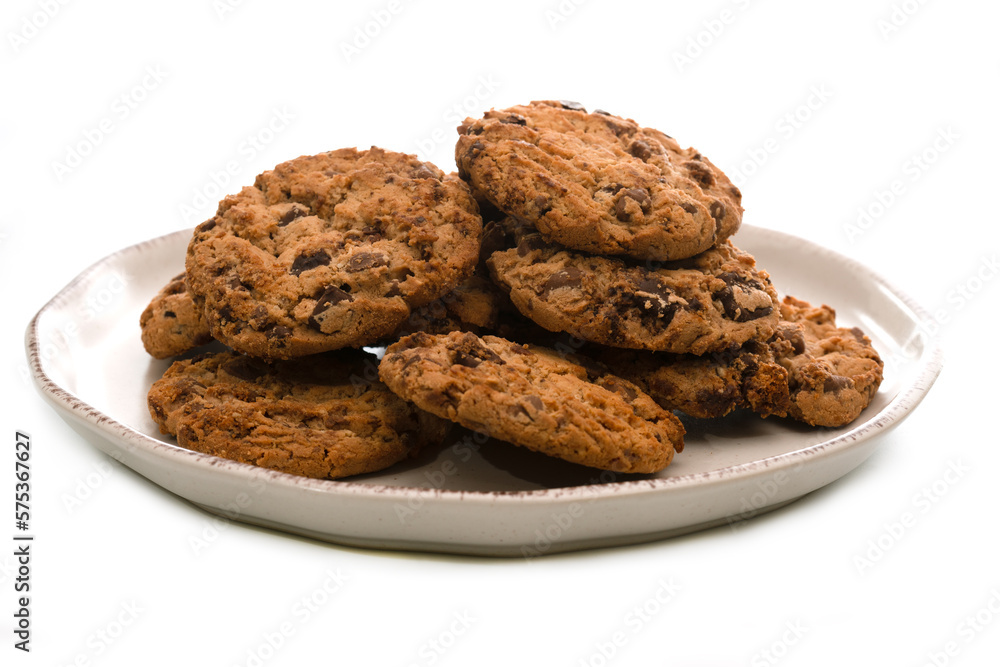 Chocolate chip cookies on a plate on white background Chocolate chip cookies on a plate on white background