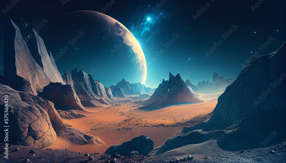 Extraterrestrial landscape with snow and mountains, scenery of cosmic planet in deep space, generative Ai