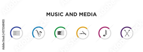 music and media filled icons with infographic template. glyph icons such as repeat, jazz, quarter note rest, clave, hemidemisemiquaver, drumsticks vector.