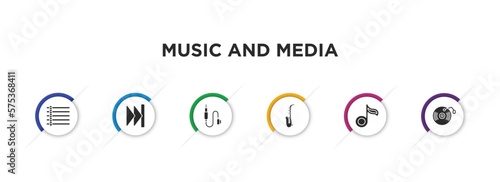 music and media filled icons with infographic template. glyph icons such as dotted barline, skip, jack connector, saxophone, flat, music record vector.