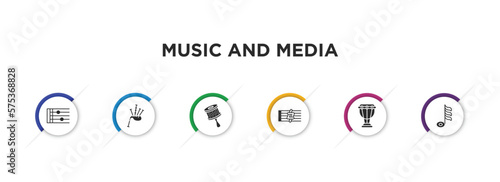 music and media filled icons with infographic template. glyph icons such as stave, bagpipes, cabasa, sharp, timpani, demisemiquaver vector. photo