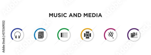 music and media filled icons with infographic template. glyph icons such as music player headphones, newspaper report, bold double bar line, music spotlight, diapason, bass clef vector.
