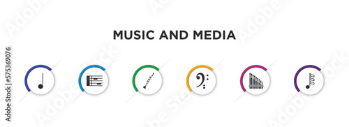 music and media filled icons with infographic template. glyph icons such as quarter note, whole rest, clarinet, octave clef, panpipe, thirty second note vector.