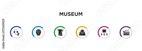 museum filled icons with infographic template. glyph icons such as audio guide, anthropology, poetry, tour, exhibit, cinema vector.