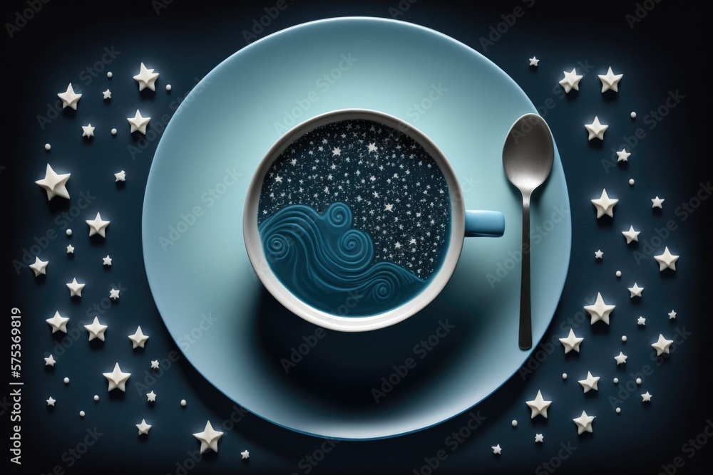 A dark blue background with a coffee cup and stars. An Image of a Coffee Shop with a Night Sky and Stars. Top down flat lie. Generative AI
