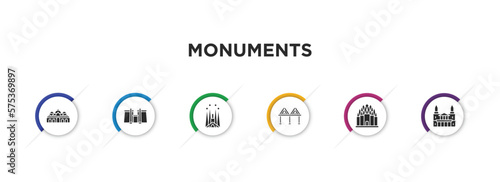 monuments filled icons with infographic template. glyph icons such as st mark basilica, luxor temple, , t, prambanan, saint paul vector.