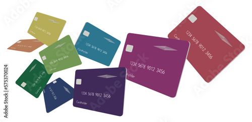 Nine credit card or debit cards in the colors of the spectrum float above a white background in this 3-D vector.