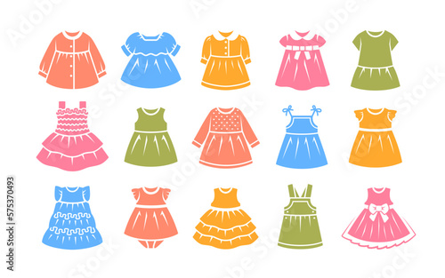 Baby girl dresses simple silhouette icons. Different dresses and sundresses with long and short sleeve, for everyday and special occasion. Solid pictograms of children cloth. Little girl wardrobe