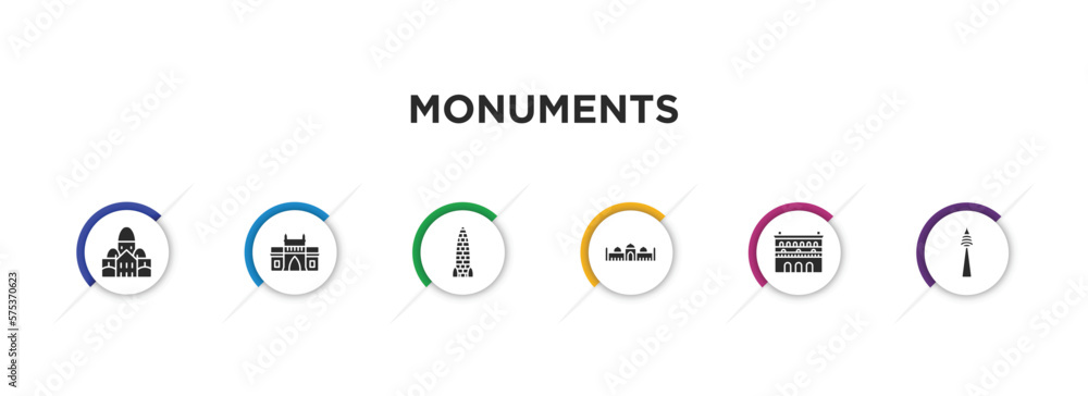 monuments filled icons with infographic template. glyph icons such as , gat of india, amritsar, badshahi mosque, lonja of zaragoza, monuments filled icons with infographic template. glyph icons such as , gat of india, amritsar, badshahi mosque, lonja of zaragoza,