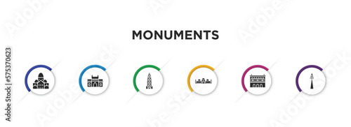 monuments filled icons with infographic template. glyph icons such as , gat of india, amritsar, badshahi mosque, lonja of zaragoza, photo