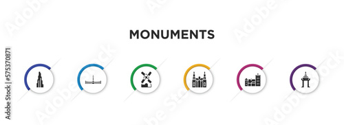 monuments filled icons with infographic template. glyph icons such as , retiro park, kinderdijk windmills, cathedral, bran castle, cambodia vector.