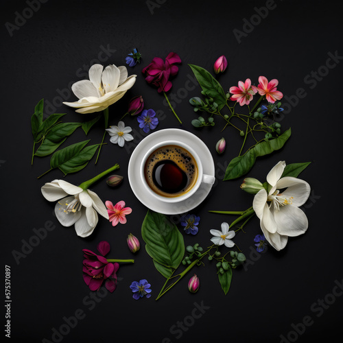 Coffee and flowers. Cup of coffee and spring summer flowers on black background, top view. Generative ai Illustration	