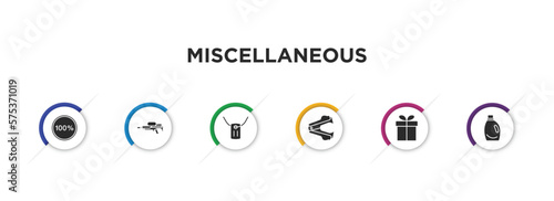 miscellaneous filled icons with infographic template. glyph icons such as 100 percent, flame thrower, army dog tag, stapler remover, wrapped gift, detergen vector.
