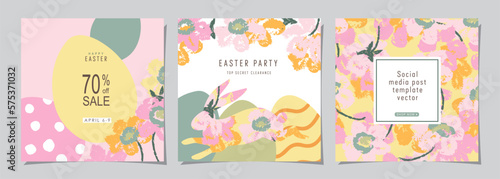 Happy Easter Set of Sale banners, social media, greeting cards, posters, holiday covers. Trendy design with typography, hand painted plants, dots, eggs and bunny, in pastel colors. banner background.