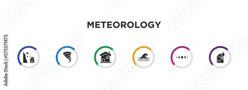 meteorology filled icons with infographic template. glyph icons such as avalanche and house, twister, snowy house, tsunami wave, moon phases, house on fire vector.