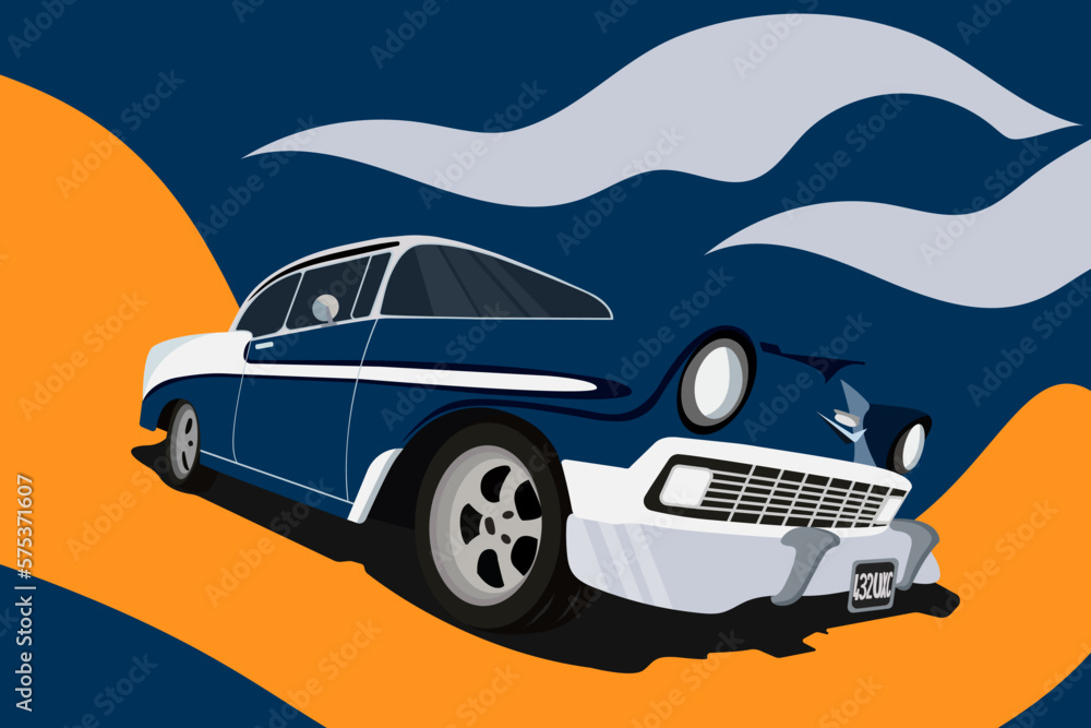 Retro blue car  on orange road and dark background, vector illustration