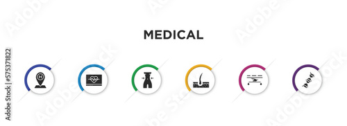 medical filled icons with infographic template. glyph icons such as hospital placeholder, heart rate monitor, nutrionist, dermis, table of treatments, medical chain of dna vector.