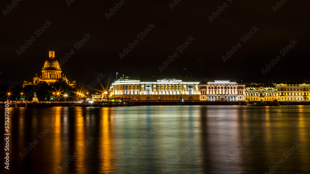 Saint Isaac's Cathedral or Isaakievskiy Sobor, Admiralty building and Neva River long exposure at night, St. Petersburg, Russia 